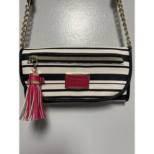 Betsey Johnson Clutch Crossbody  Purse Wallet Black White Stripes Pink